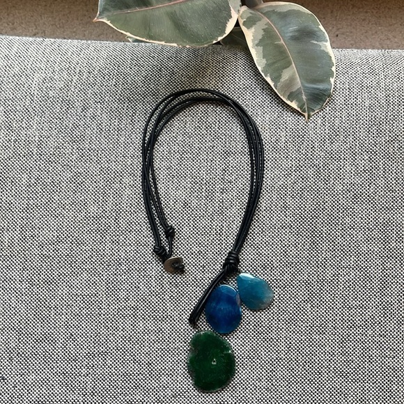 Handmade Blue and Green Stone Necklace with brown cord , Made in Athens, Greece - Picture 7 of 17